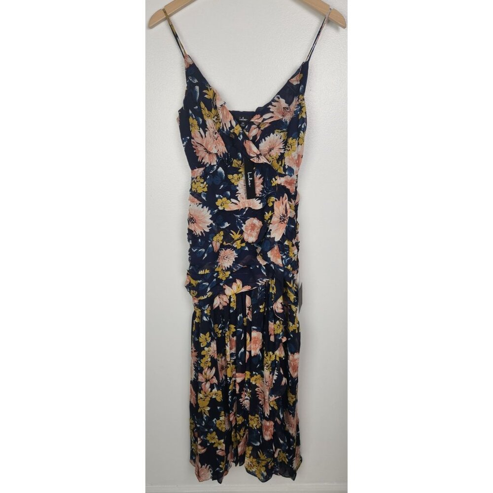 Lulus Women's Sz. XS Stunning Soiree Navy Blue Floral Print Ruched Midi Dress NW